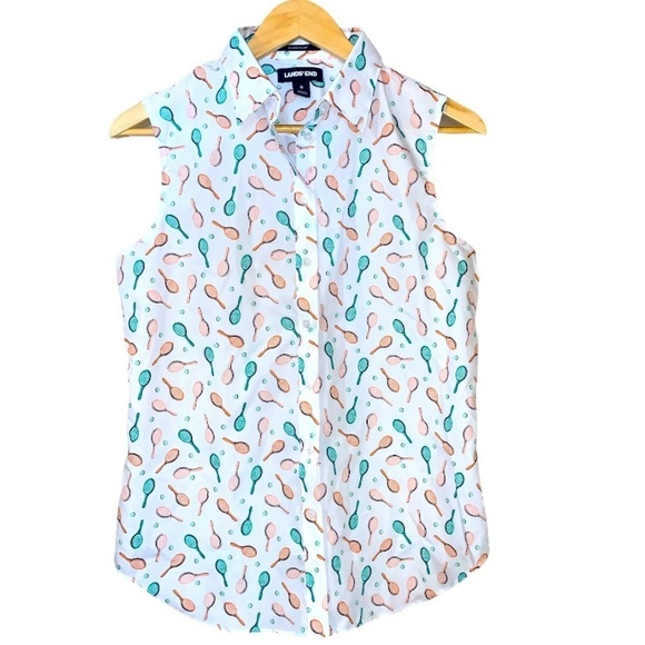 Lands end size 8 no iron supima button down sleeveless blouse tennis rackets - Picture 1 of 10